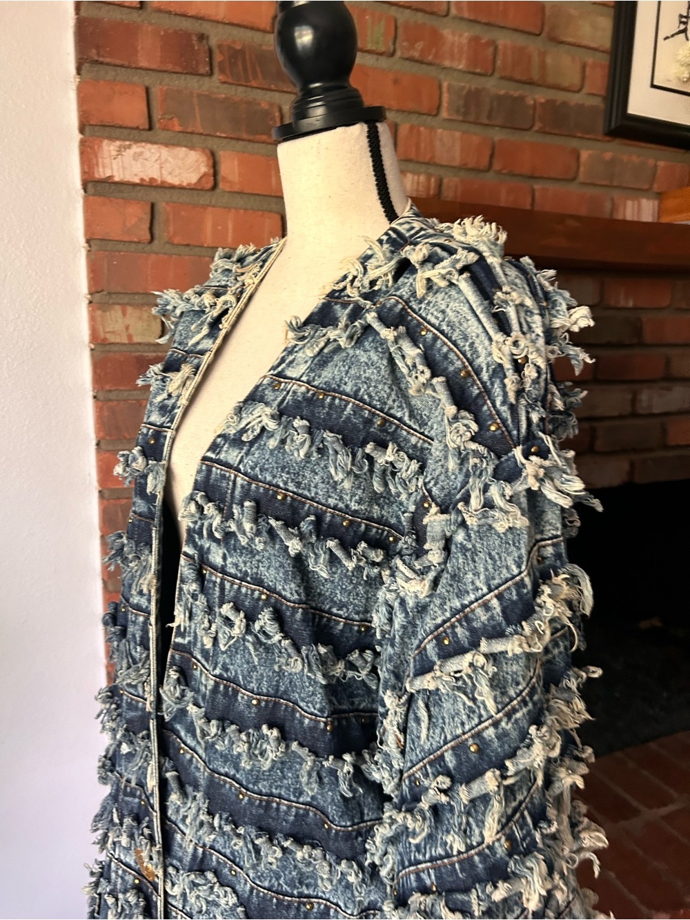 VTG Fringed Studded Denim Jacket in Indigo Blue One Size - Picture 7 of 9